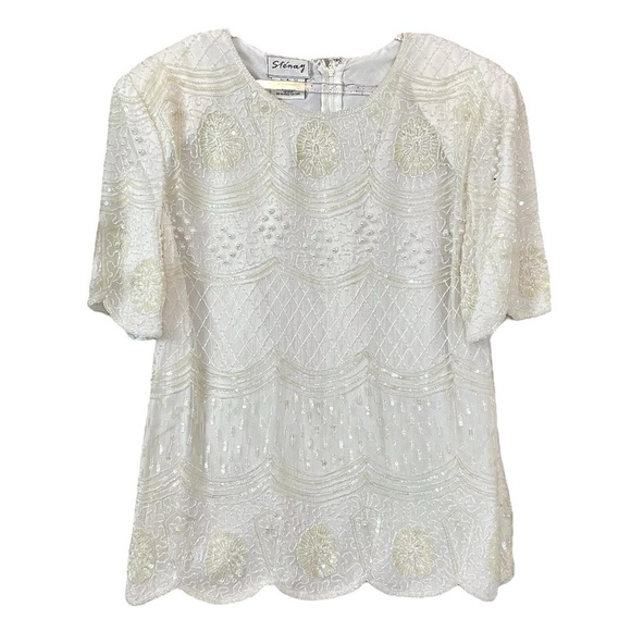 Vtg Stenay Silk Sequined Beaded Pearl Scalloped Formal Top Ivory Cream Size L - Picture 1 of 9
